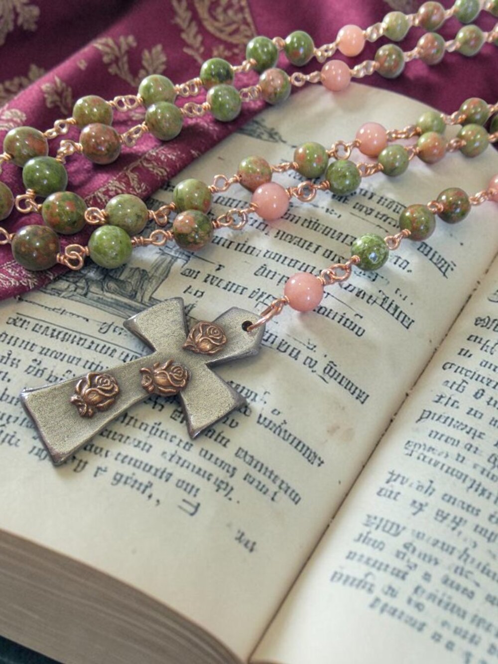 Rain of Roses Rosary, Unakite and Copper